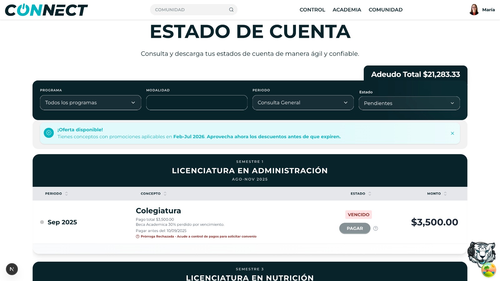 Estado de cuenta del alumno en Connect